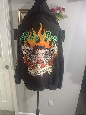 Fleischer Studios Betty Boop Black Hoodie with Multicolor Flame & Wing Graphic